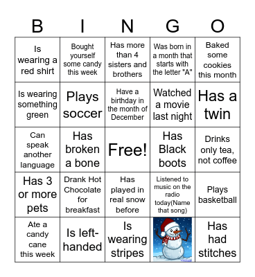 Pre-Winter Break for students Bingo Card