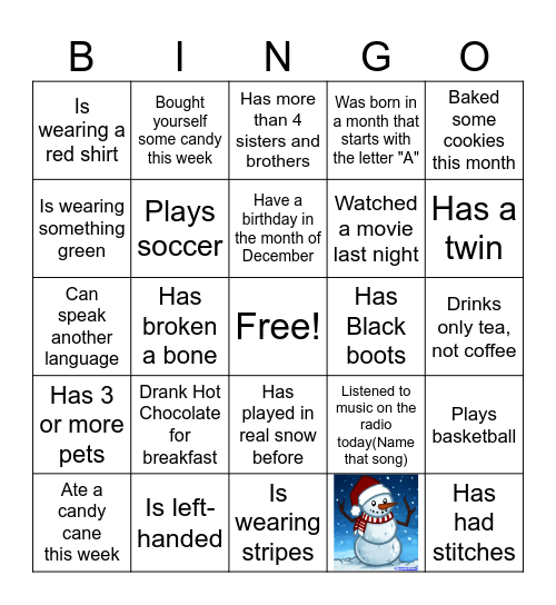 Pre-Winter Break for students Bingo Card