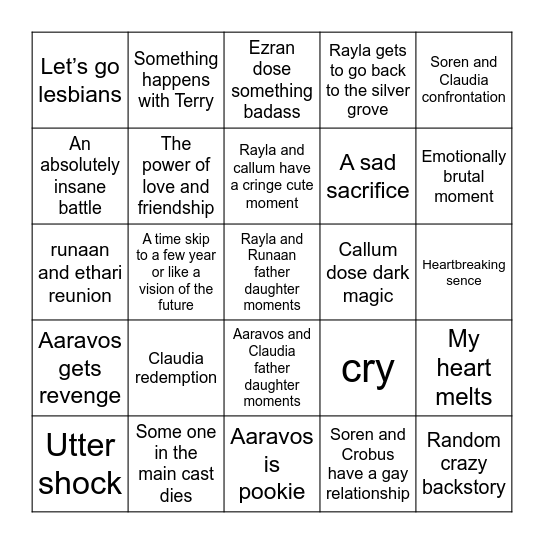 Dragon Prince Season 7 Bingo Card