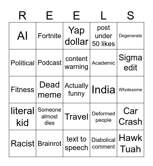 Instagram Bingo Card
