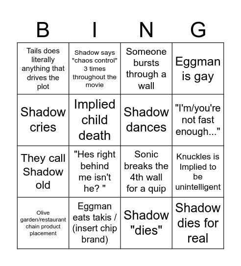 Sonic 3 bingo Card