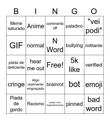 Comentario de insta Bingo Card