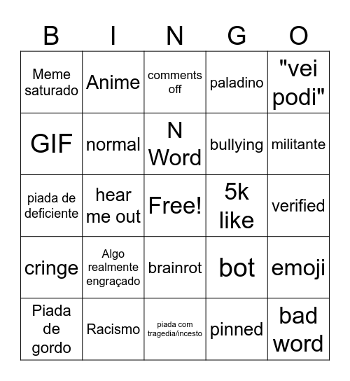 Comentario de insta Bingo Card