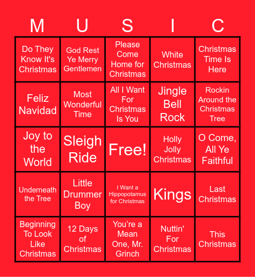 Christmas Song Bingo Card
