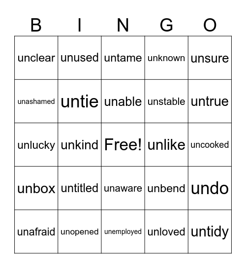 Prefix UN- Bingo Card