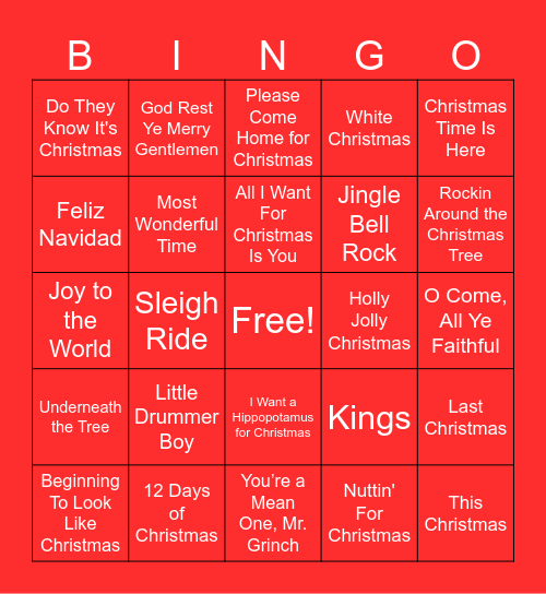 Christmas Song Bingo Card