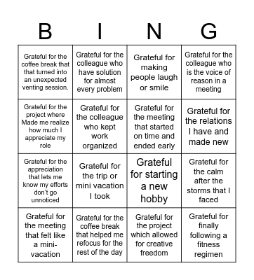 Gratitude Bingo Card