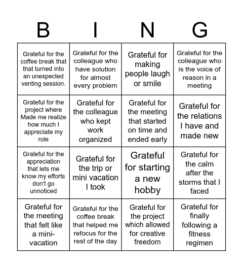 Gratitude Bingo Card