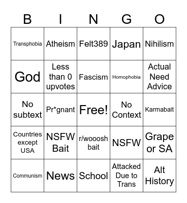 r/teenagers bingo card Bingo Card