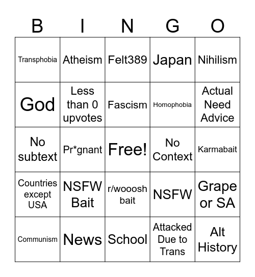 r/teenagers bingo card Bingo Card