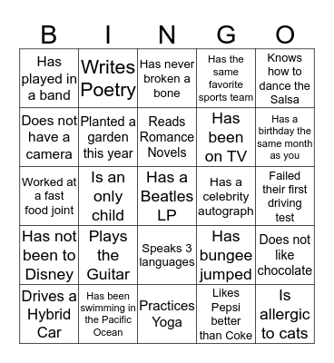 PPA Ice breaker Bingo Card