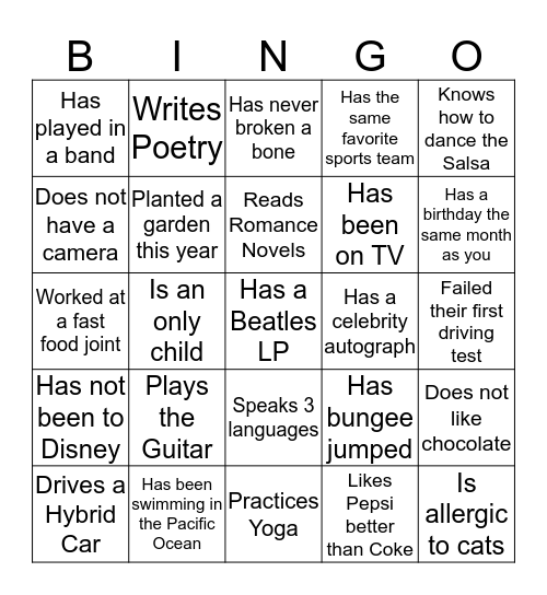 PPA Ice breaker Bingo Card