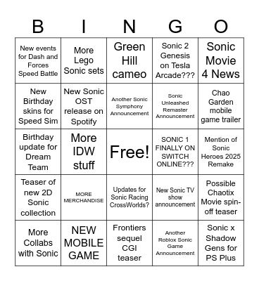 Sonic Central 35th Anniversary Bingo Card