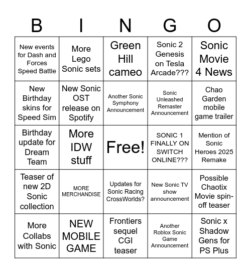 Sonic Central 35th Anniversary Bingo Card