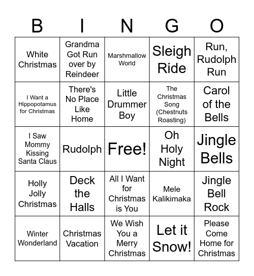 Holiday Music Bingo Card