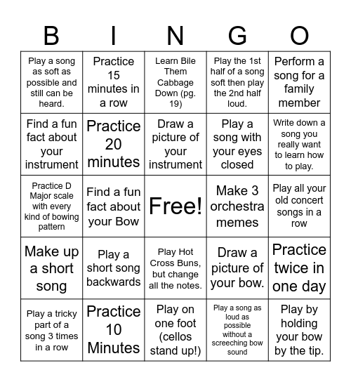 Orchestra Practice Bingo Card