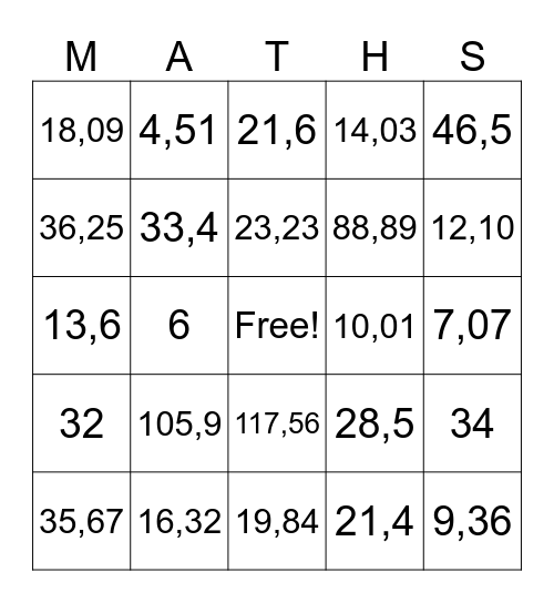 BINGO des MATHS - 2e cycle Bingo Card