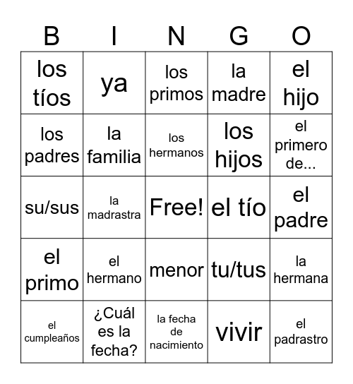 Avancemos 1 Unidad 3.2 Bingo Card