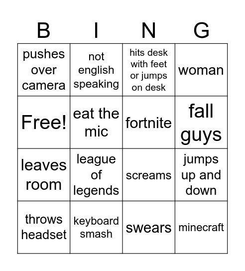 gamer rage Bingo Card