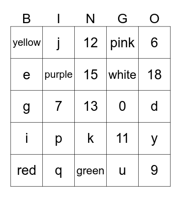ASL Colors numbers, letters Bingo Card