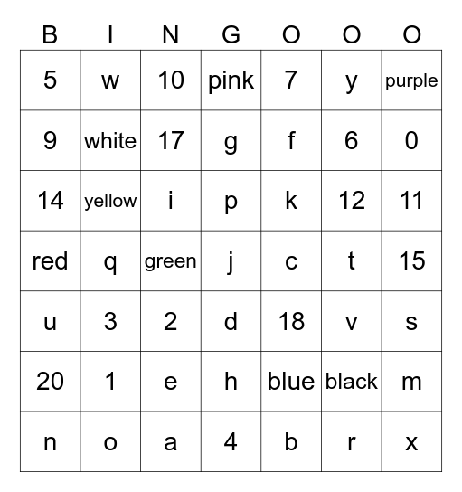 ASL Colors numbers, letters Bingo Card