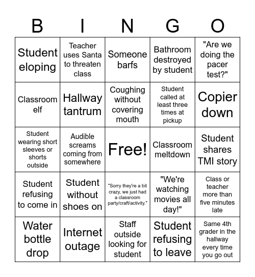 Week Before Break Bingo Card