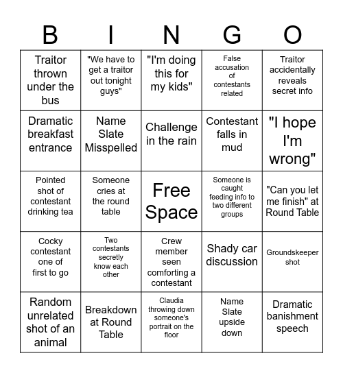 Traitors UK S3 Bingo Card