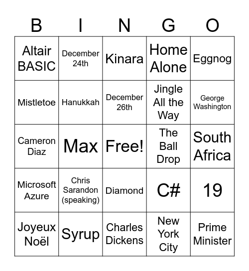 Pam's Holiday Bingo Card