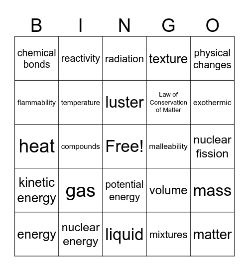 Matter & Energy Science 8 Vocab Bingo Card