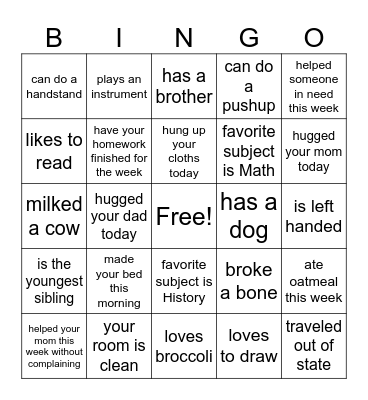 Kids Bingo Card