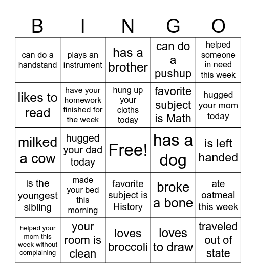 Kids Bingo Card