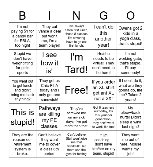 Coop's Complaints Bingo Card Bingo Card