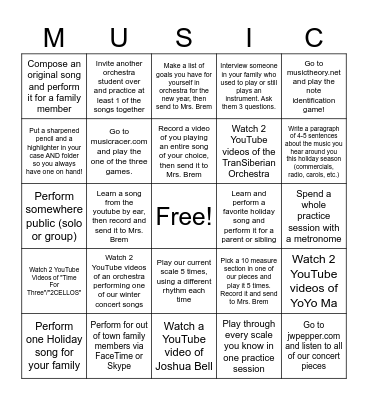 Winter Break Orchestra Bingo Card
