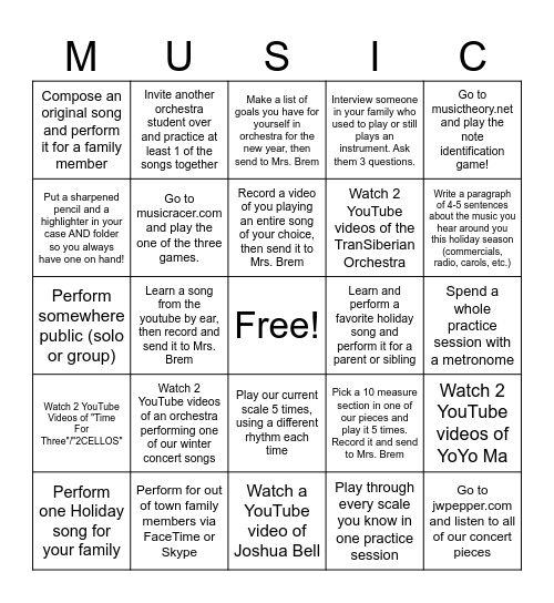 Winter Break Orchestra Bingo Card