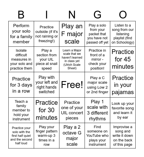 Winter Practice Bingo (P/S/C) Bingo Card