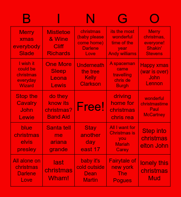 Christmas song Bingo Card