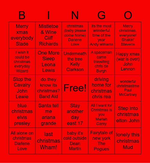 Christmas song Bingo Card