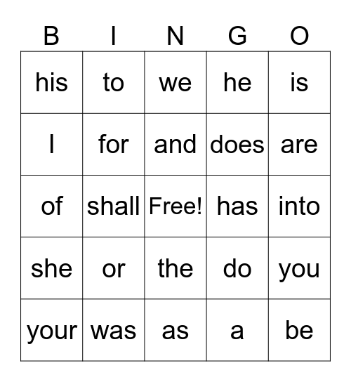 High Frequency Words Bingo Card