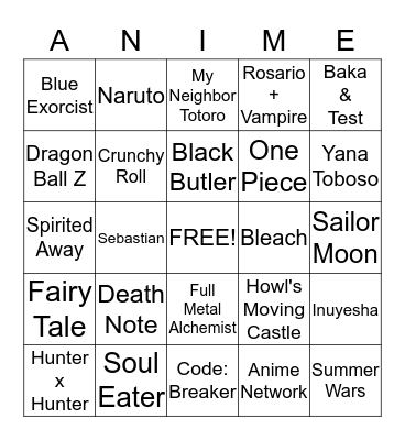 Anime Bingo - Williamsburg Library Bingo Card