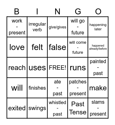 Verb Tenses Bingo Card