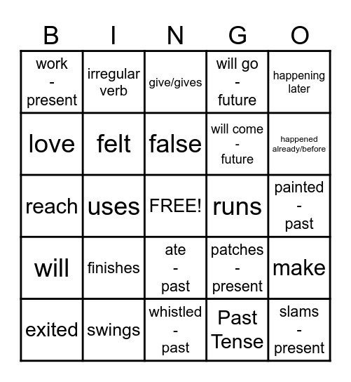 Verb Tenses Bingo Card