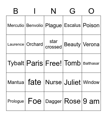 Romeo and Juliet Bingo Card