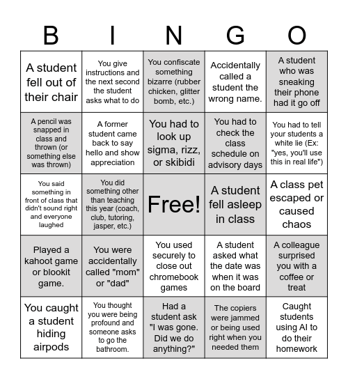 Teacher Bingo Card Bingo Card