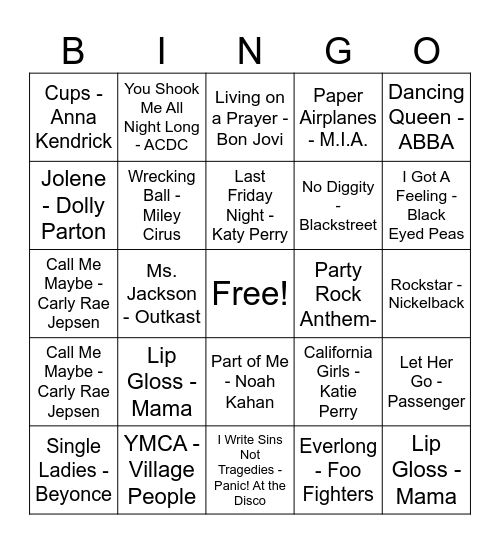 Sundre High Rock & Roll Bingo Card