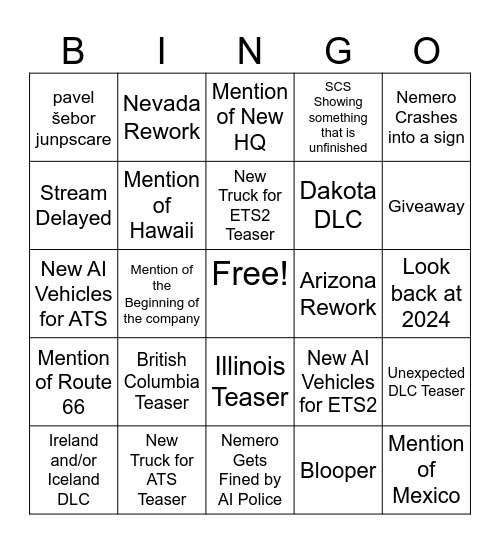 SCS Christmas Stream 2024 Bingo Card