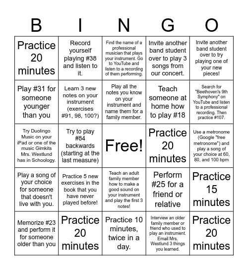 Winter Break Band Bingo Card