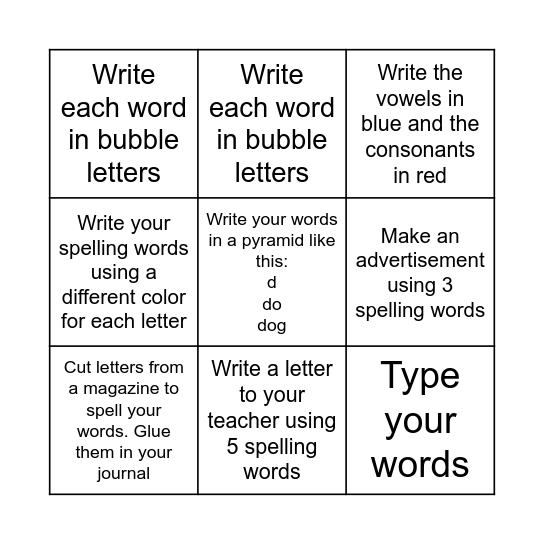 Spelling Bingo Card