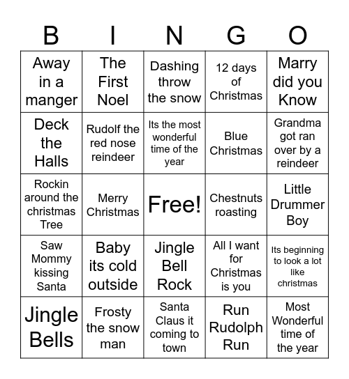 Christmas Carol Bingo Card