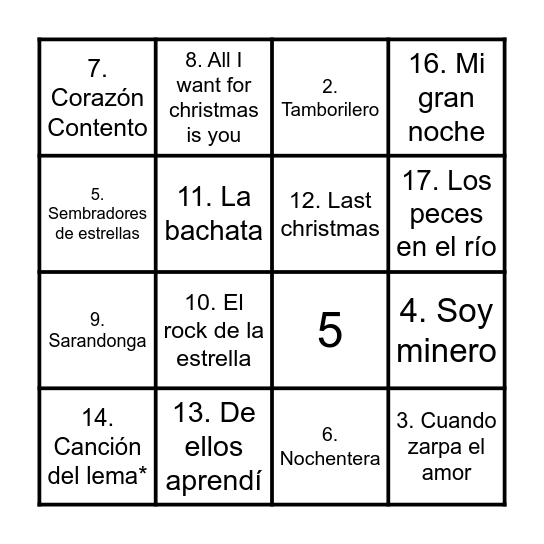 Bingo Musical Santa Ana versión Navidad Bingo Card