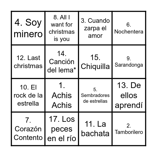 Bingo Musical Santa Ana versión Navidad Bingo Card
